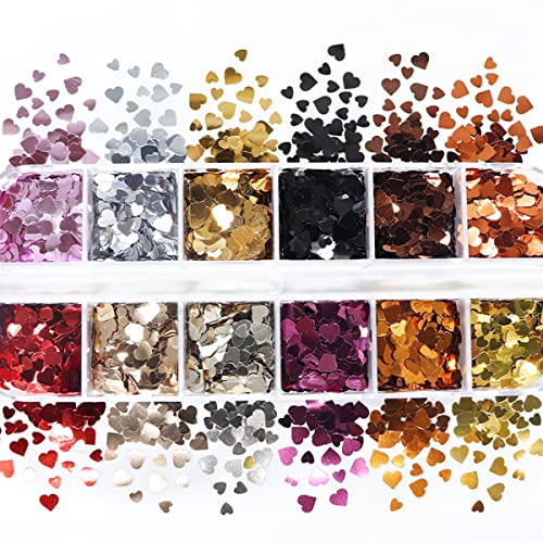 Holographic Heart Nail Art Glitter Sequins 12 Grids Valentine Decals