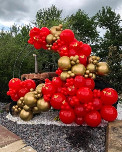 Red and Gold Balloon Garland Arch Kit with Stars - 153 Pcs