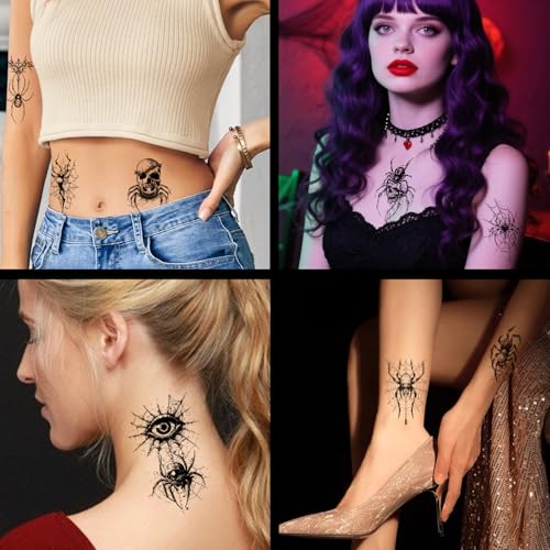 Konsait 30 Sheets Skeleton Spider Temporary Tattoos for Halloween Makeup