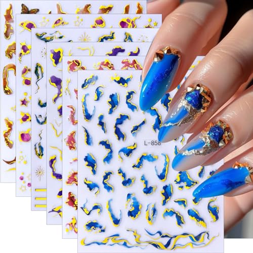Sutaozhi 6 Sheets French Marble Nail Art Stickers 3D Gold Decals