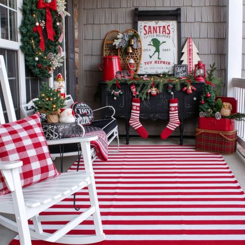 Christmas Outdoor Mat 4x6 ft Red and White Striped Rug Front Porch Decor - Layered Welcome Doormat