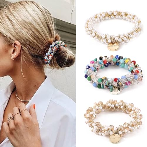 Pearl Beaded Hair Ties 3 Pack Elastic Scrunchies with Gold Charms