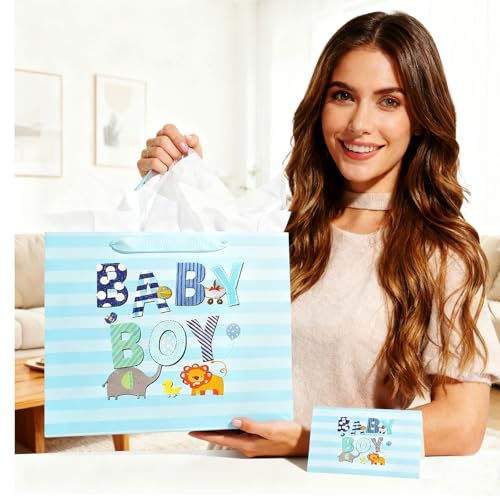 Large 13" Baby Boy Gift Bag with Card & Tissue Paper - Cartoon Design