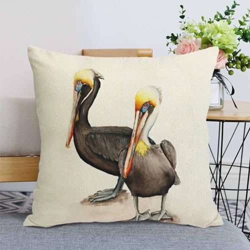 Pelican Decorative Linen Pillow Cover 18x18 Farmhouse Square Cushion Case
