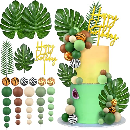 38pcs Jungle Safari Cake Topper Set with Leaves and Foam Balls for Wild Themed Birthday Decorations