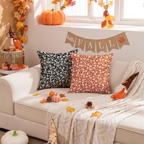 Allorry Rust Daisy Floral Pillow Covers, 18x18 Farmhouse Cushion Set of 2