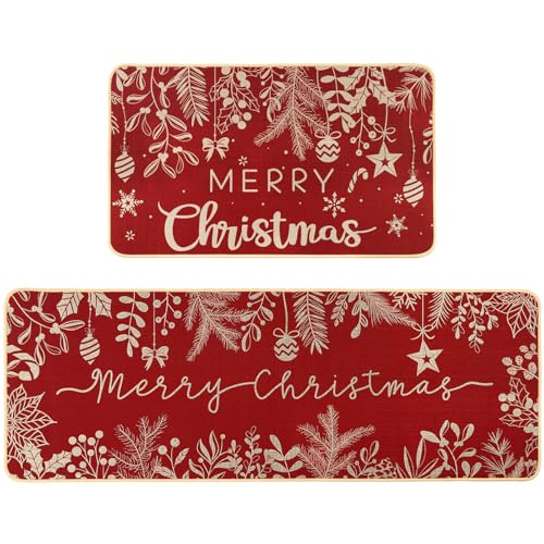 DIYDEC Christmas Kitchen Rugs Set of 2 - Red Holiday Mat Decor