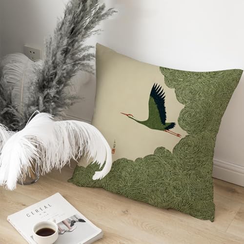 Vintage Crane Pillow Cover 18x18 Inch, Japanese Style Botanical Throw Case