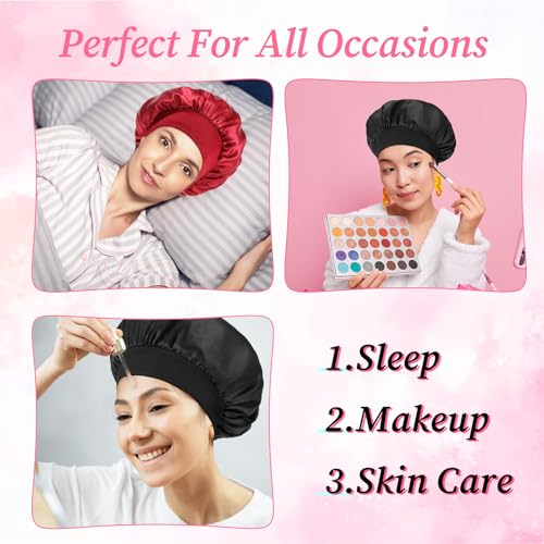 JIYIN 2-Pack Silk Bonnet for Sleeping Satin Hair Wrap (Black & Red)