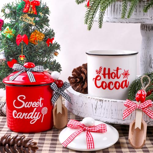 Christmas Ceramic Canisters Set - Mini Candy Holders with Wooden Beads & Ribbons - Holiday Decor