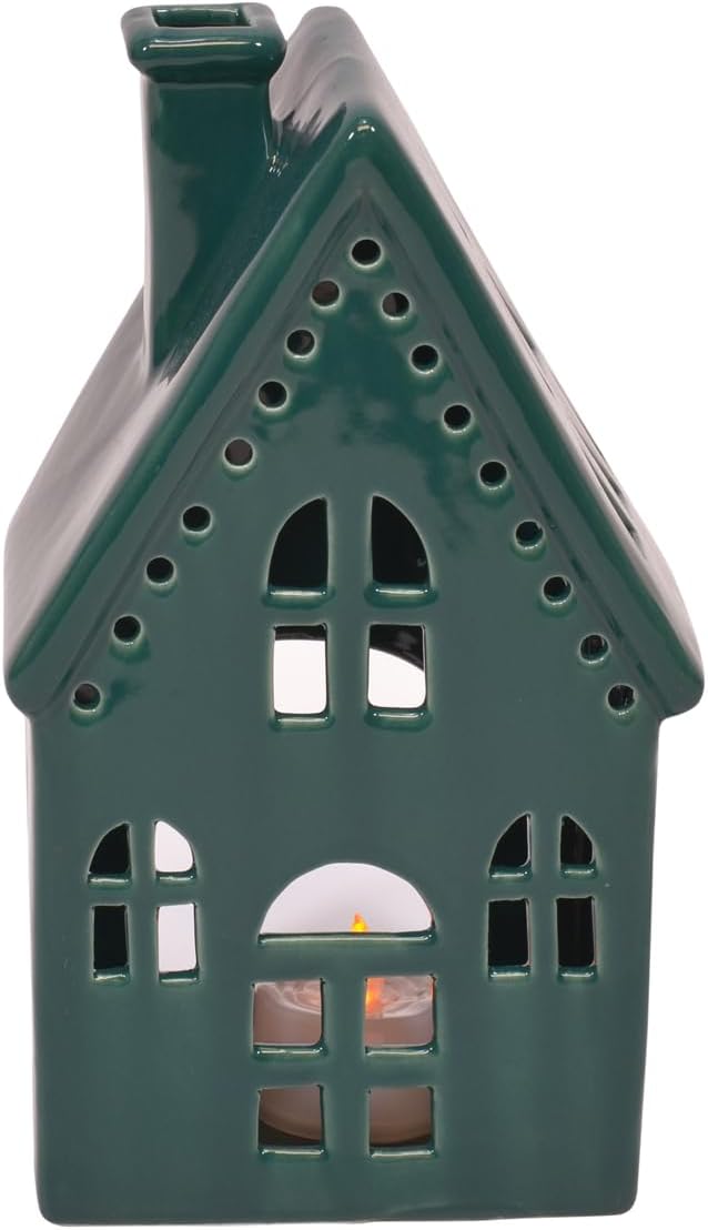 Regine Switzerland Holiday Tea Light Village House Figurines - Deep Green Glazed, Set of 3, 8 Inch