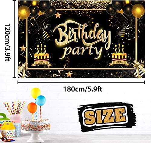 Black and Gold Happy Birthday Backdrop Banner - 70.8 x 47.2 inches