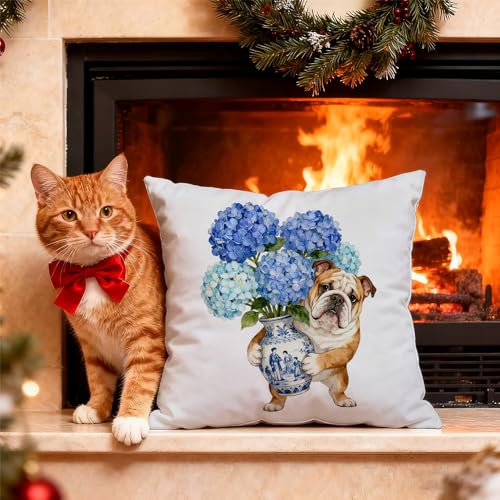 Blue Chinoiserie English Bulldog Pillow Cover - Dog Print 18x18 Inch