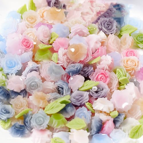 MOLILON 3D Flower Nail Charms Resin Rose and Leaf Art Decoration 100pcs