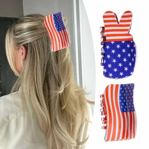 American Flag Hair Claw Clips - 2Pcs Patriotic Red White Blue Hair Accessories