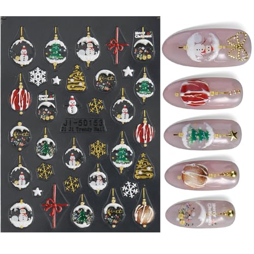 5D Embossed Christmas Nail Art Stickers Winter Crystal Ball Snowman Decals 2 Sheets