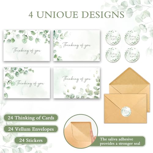 Thinking of You Cards with Envelopes - 24 Pack Watercolor Eucalyptus