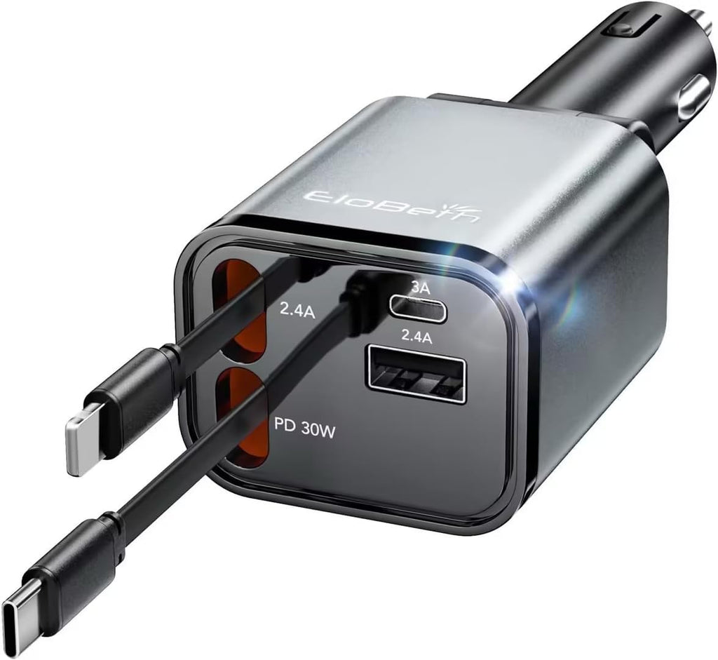 Skiennix Retractable Car Charger - 69W USB-C Fast Charging Adapter | Essential Road Trip Accessory for iPhone & Galaxy