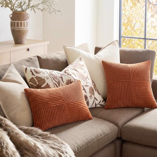 Fancy Homi 2 Pack Rust 18x18 Inch Corduroy Throw Pillow Covers