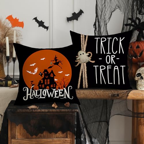 Halloween Ghost Pillow Covers Set of 4 - Black & Orange Decorative Cushion Cases