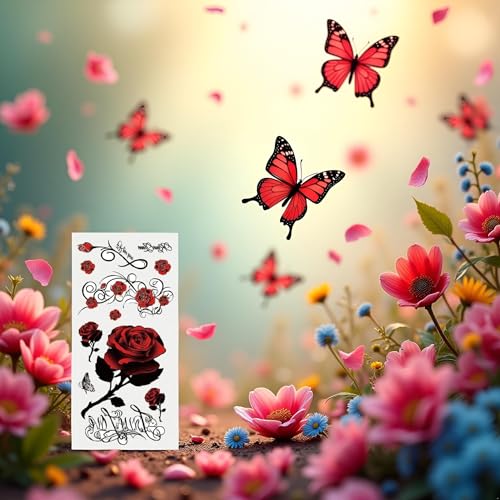 Red Temporary Tattoo Stickers Set - 20 Pcs Rose Butterfly Dragon Floral