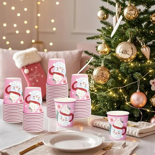 Christmas Paper Cups 50 Pack - Pink Santa Claus Disposable Drinkware, 9 oz Holiday Party Supplies
