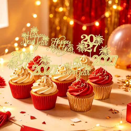 Happy New Year Gold Glitter Cupcake Toppers - 24 Pack, Variation 9