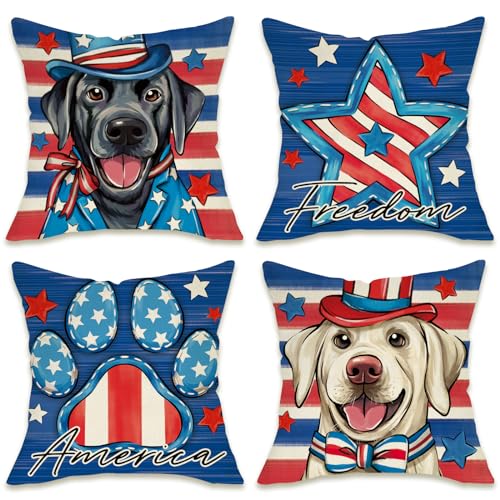 Patriotic Dog Throw Pillow Covers, 18x18 Set of 4, America Labrador Prints