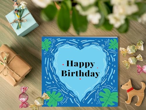 Blue Lagoon Birthday Card - Heart-Shaped Folded Card with Kraft Envelope (5.9 x 5.9 in)