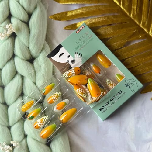 Almond Press on Nails Medium Yellow Glossy Tropical Fruit False Nails 24Pcs