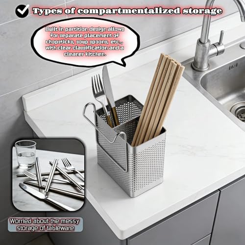 Stainless Steel Utensil Holder with Hooks - 2 Compartment Cutlery Organizer