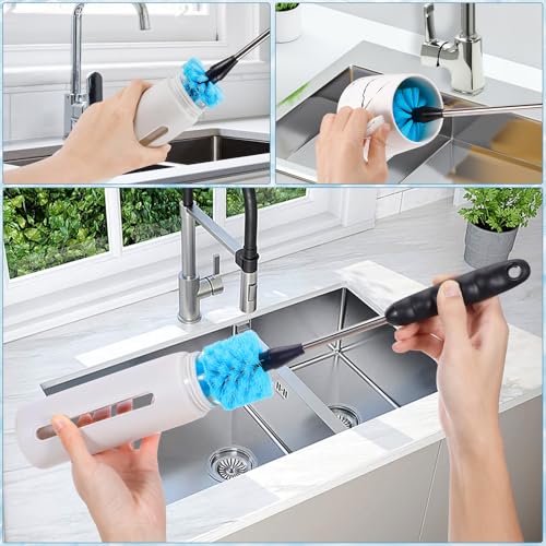 3-in-1 Bottle Brush Set - 12.2 Inch Long-Handled Kitchen Cleaner - Blue