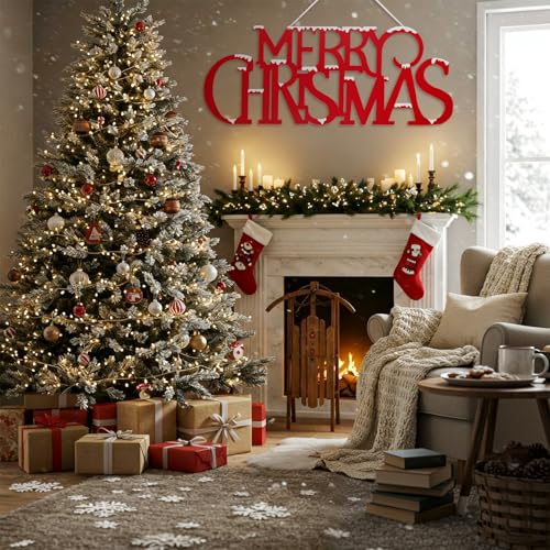 Large Snowy Metal Merry Christmas Wall Sign - 36x12 Inch Holiday Door Decor