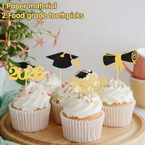Graduation Cupcake Toppers - 24 Pcs Class of 2026 Decorations