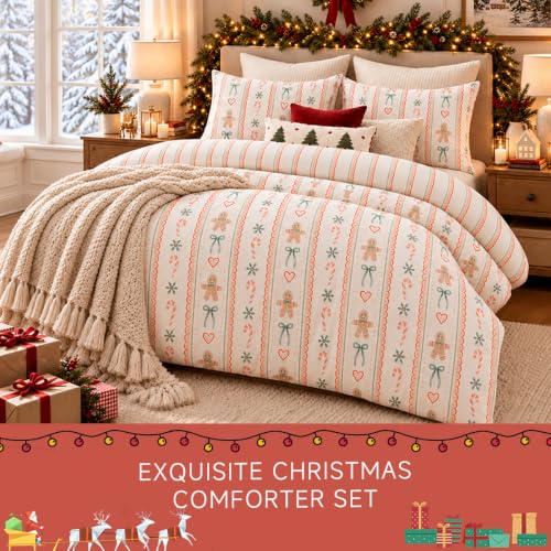 Christmas Duvet Cover Set Queen with Gingerbread Bows and Candy Cane Pattern - No Comforter