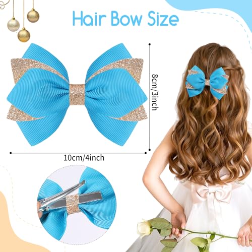 NCMAMA 4-Inch Sparkly Glitter Sky Blue Hair Bow Clips for Girls
