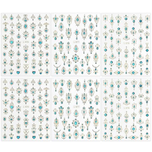 Porszova Embossed Gemstone Nail Stickers - 6 Sheets Blue Gold Nail Decals