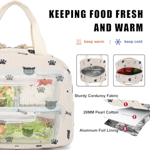 Xunteny Insulated Corduroy Lunch Bag - Reusable Cooler Tote for Work School