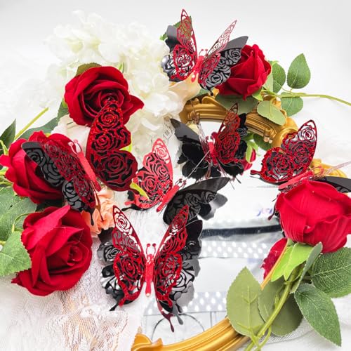 3D Red Butterfly Wall Stickers - 6pcs Removable Rose Butterfly Decals