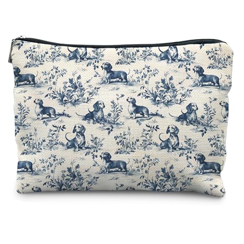 Chinoiserie Dachshund Makeup Bag Blue White Dog Canvas Toiletry Pouch