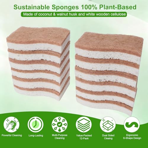 Eco-Friendly Natural Kitchen Sponges 12-Pack – Biodegradable Dual-Layer Dish Scrubbers