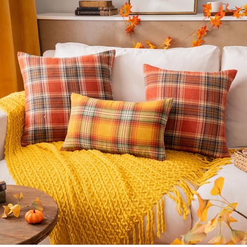 Yellow Plaid Throw Pillow Covers 16x16 Inch Set of 2 - AQOTHES