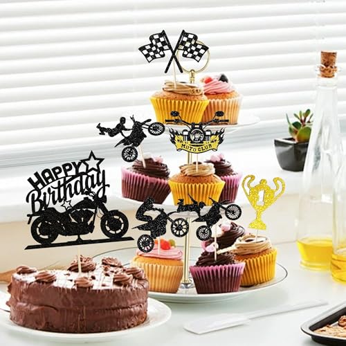13-Piece Motorcycle Birthday Cake Toppers Set - Glitter Motocross Decorations