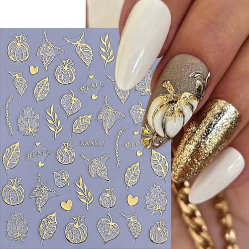 Autumn Nail Art Stickers - 6 Sheets 3D Gold Leaf Pumpkin & Maple Decals
