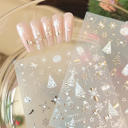 TENOC Christmas Nail Art Stickers, 3D Metallic Decals 2 Pcs Gold & Silver