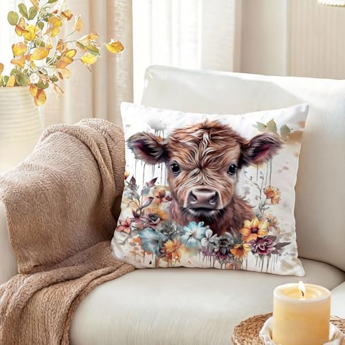 Highland Cow Pillow Cover 18x18, Soft Cotton Farmhouse Decor - Style 002