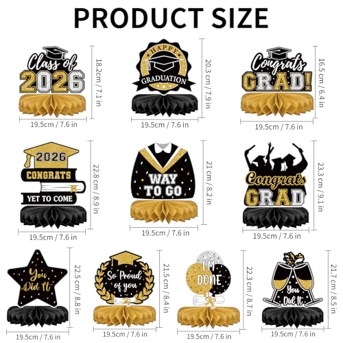 Class of 2026 Graduation Honeycomb Table Centerpieces - Black, 10-Piece Set