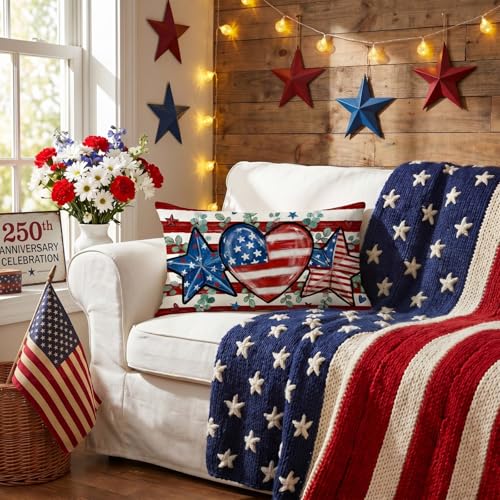 4th of July Throw Pillow Cover 12x20 Inch Patriotic Farmhouse Decor