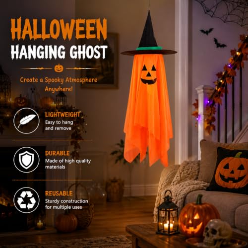 Baboea 39.4-Inch Hanging Ghost Decoration with Witch Hat for Halloween