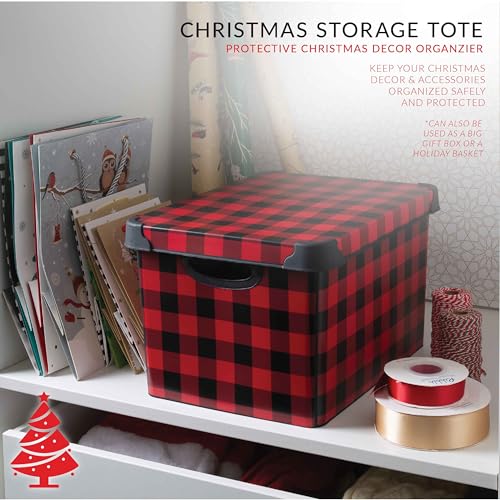 Checkered Design Holiday Storage Bin - Christmas Tote with Lid - Buffalo Plaid Organizer